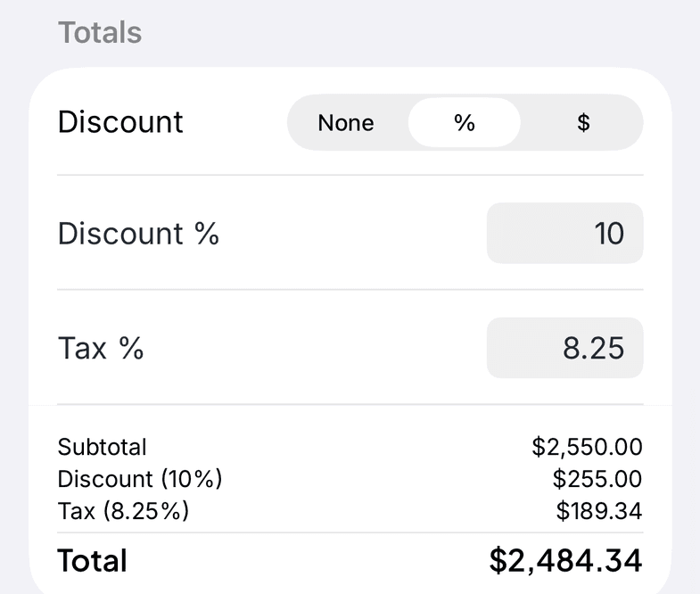 Invoixy totals: a 10% discount and 8.25% tax applied to the subtotal