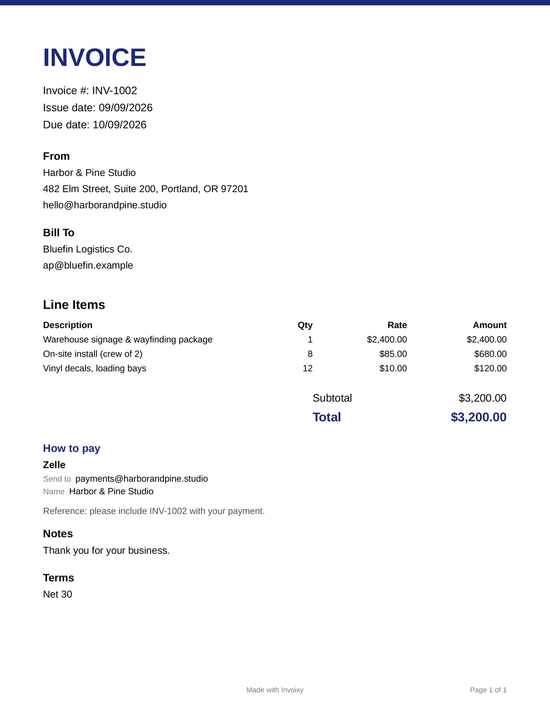 An Invoixy invoice PDF: INV-1002 from Harbor & Pine Studio to Bluefin Logistics Co.