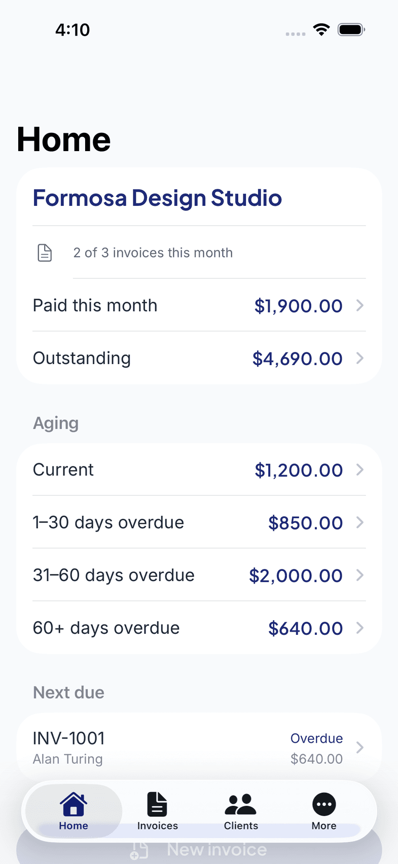 The Invoixy iPhone app's Home screen: paid this month, outstanding and aging